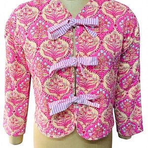 Handmade cotton quilted <b>jacket</b> with tie closure block print outerwear <b>lightweight</b> padded bohemian ethnic coat For <b>Women</b> Gifts - Product Image 1