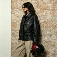 Blouson en cuir de mouton pour femme, coupe ceinturée, poches poitrine, simple boutonnage, coupe-vent et imperméable, idéal pour la moto - Collection Factory Outlet