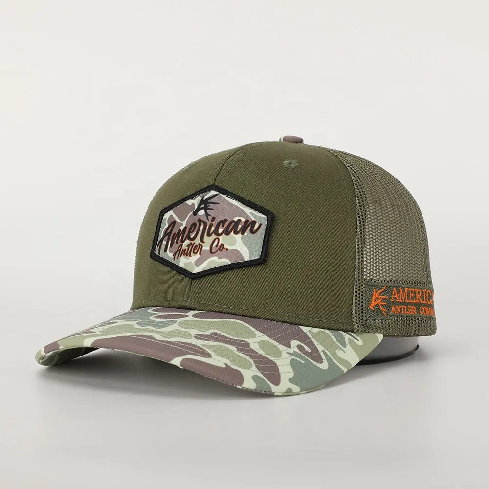 BSCI Oem Factory Logo stampato digitale personalizzato cappello da papà a 6 pannelli, Gorras con ricamo in cotone di alta qualità, berretto da camionista mimetico verde militare