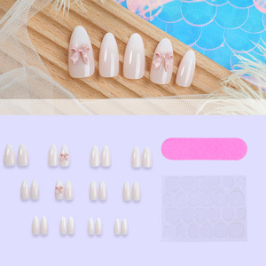 Faux ongles press-on faits à la main de style français doux et colorés avec nœud amovible pour nail art, style européen et américain - Product Image 3