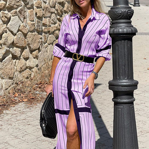 เสื้อเชิ้ตลายทางธรรมชาติระบายอากาศได้ดีสไตล์ลำลองสำหรับฤดูใบไม้ร่วง คอวีลึก ความยาวปานกลาง กระดุมแถวเดียว ชุดเดรสทำงานสำหรับผู้หญิง แฟชั่นทันสมัย - Product Image 4