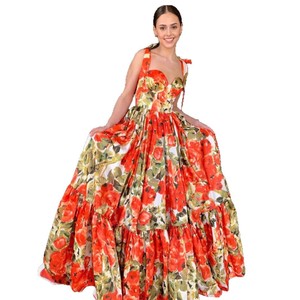 Robe de soirée mi-longue TEN à imprimé floral, taille empire, décolleté cœur, sans manches, motifs stéréoscopiques 3D - Product Image 5