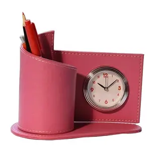 LG-B015B Handmade Customized Logo Executive Luxury Leather Desk Pen Holder With Alarm Clock