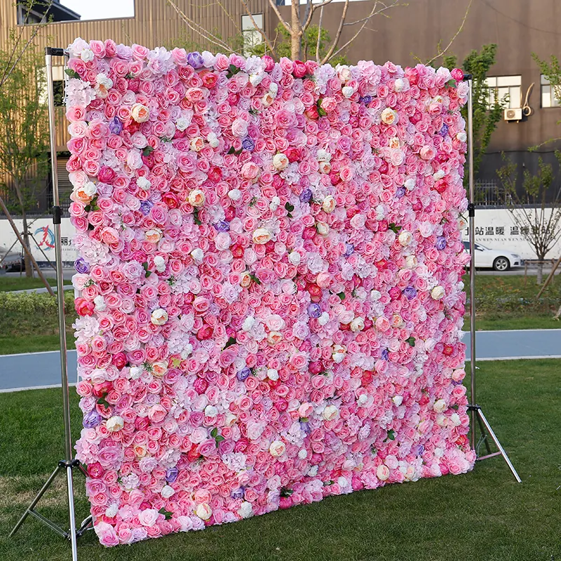 शादी की सजावट के लिए अनुकूलित 5डी कृत्रिम लाल सफेद गुलाबी फूल दीवार फूल पृष्ठभूमि