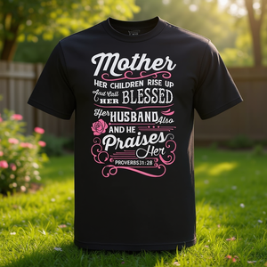 Camiseta cristiana para el Día de la Madre, sus hijos la llaman Bendita, diseño Proverbios 31:28 - Product Image 3