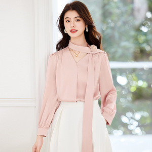 French Style V-neck Long Sleeve Shirt Women Chiffon Solid Color <b>Wrap</b> Tie Commuting Blouse Fln590 - Product Image 3