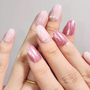 Prensa ovalada corta enjoyada hecha a mano en las <span class=keywords><strong>uñas</strong></span> para las niñas 3D beauty Faux ongles DE LUXE Pink Glitter stick on nails tips no C curve - Product Image 3