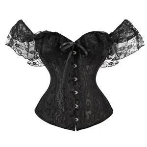 Sexy black jacquard with lace shoulder strap corset in white, stylish body shaper with tummy tuck
