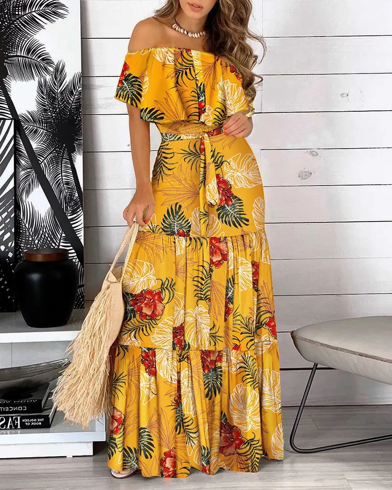 Summer Ruffled Woman Clothes Off Shoulder Skirts Lace Up Printed Long Dress