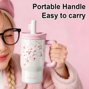 DILLER - Vaso Térmico de 500 ml con Diseño de Panda y Flores de Cerezo, Botella de Agua Aislada al Vacío de Acero Inoxidable 316L con Asa y Pajita - Product Image 5