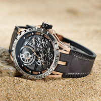 Reloj Deportivo de Diseño de Marca Superior OBLVLO para Hombre, Esfera de Esqueleto, Oro Rosa, Automático, de Cuerda Automática, Correa de Goma, Modelo LM