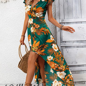Vestido estilo europeo y americano para el verano 2026, estilo vacacional, falda midi con estampado floral y abertura - Product Image 1