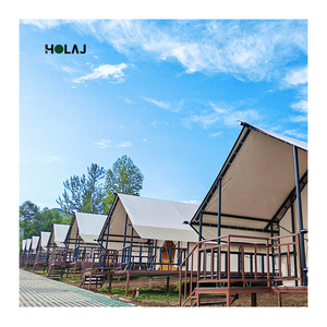 Cabane <span class=keywords><strong>de</strong></span> glamping surélevée |   Structure métallique en toile PVC anti-UV avec plateforme en bois pour lodge, camping forestier, séjour en famille, taille personnalisée - Product Image 1