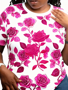 Camiseta de cuello redondo para mujer, a la moda, de manga corta, con estampado de rosas, de algodón, informal, estilo romántico para primavera y verano - Product Image 1