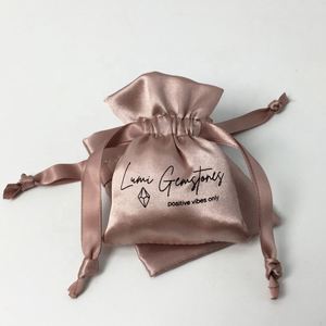 Custom logo Printed Small Satin Gift Bags pink Soft Jewelry Wedding Pouch for Packaging logo Custom - Product Image 4