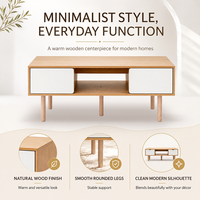 Table basse de rangement moderne, table de salon scandinave avec finition en bois, armoires et étagère ouverte