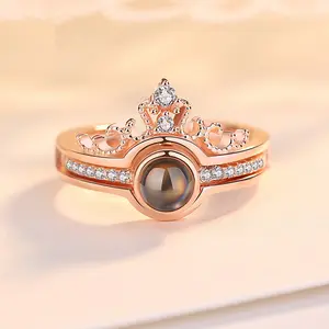 Hot Romantische Vrouwen Huwelijkscadeau Goud Verzilverd Ingelegd Rhinestone Crown Projectie 100 Talen I Love U Ringen Voor Meisjes