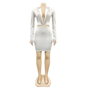 सेक्सी नाइट क्लब स्फटिक वि गर्दन अंचल खोखले लंबे बाजू लघु रंगीन जाकेट कपड़े महिला लेडी सुरुचिपूर्ण कैरियर कपड़े