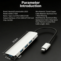 Hub USB C 5 en 1 en aluminium, 4 ports USB 3.0 avec adaptateur PD 100W Type C, câble long multiport pour ordinateur portable, PC, MacBook, PS5