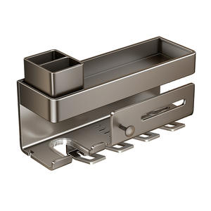 Organizador de baño montado en la pared, color gris plomizo, con soporte para cepillos de dientes y almacenamiento de cosméticos, montaje en esquina, estante rectangular duradero - Product Image 5