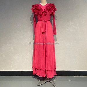 Miyake Pleated Crepe Modest Simple Floor-Length A-Line Women's Evening Casual Plus <strong>Size</strong> Stacked Ruffle <strong>Dresses</strong> - Product Image 3