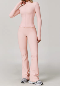 <b>Three</b> Piece Yoga Set <b>Quarter</b> Zip Racerback Crop Top High Waist Full Length <b>Pants</b> Seamless Breathable Solid Color ODM OEM - Product Image 4