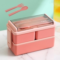 Boîte à lunch en plastique à double couche de grande capacité de 1400 ml avec couverts, bureau, école, portable, petit-déjeuner, pique-nique