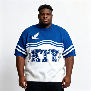 <span class=keywords><strong>Maglione</strong></span> a Maniche Corte per <span class=keywords><strong>Uomo</strong></span>, Abbigliamento OEM Personalizzato, Magliette a Righe Bianche KTY <span class=keywords><strong>Blu</strong></span>, Maglioni Lavorati a Maglia con Motivi di Gabbiani, Fulmini e Onde - Product Image 1