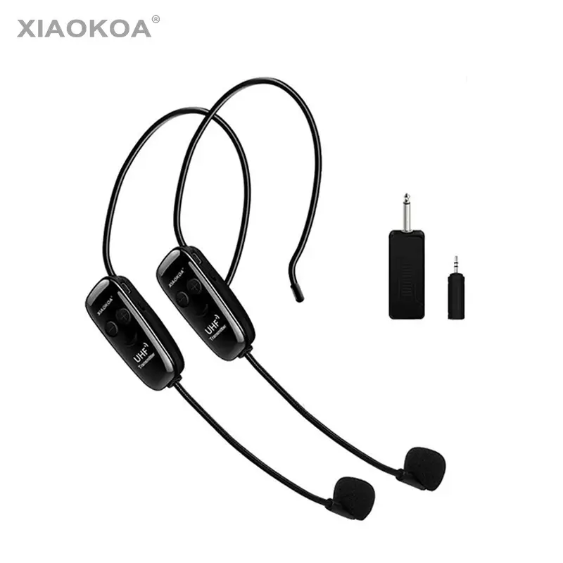 XIAOKOA Dual UHF auricular inalámbrico micrófono 1 receptor 2 auriculares y de 2 en 1 recargable para la enseñanza de voz amplificador
