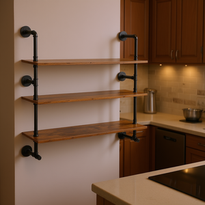 Estante industrial de tubos de 3 niveles, 48x9.84 pulgadas, montado en la pared con superficie de madera para cocina, dormitorio o exhibición. - Product Image 2