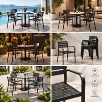 Ensemble de table à manger ronde d'extérieur en alliage d'aluminium, 4 fauteuils modernes noirs pour patio, jardin, café, balcon