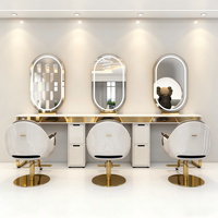Miroir de Salon Double Face Moderne en Acier Inoxydable Durable avec Éclairage LED pour Salons de Coiffure Professionnels et Rangement Multiple