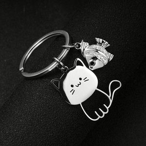 Factory Direct Sales Simple Stainless Steel Cartoon Creative Keychain Cute <b>Cat</b> and Fish Couple Pendant - Product Image 3