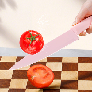 Bộ dao bếp 6 món kiểu mới bán buôn, màu hồng, phủ chống dính, thép không gỉ, kèm giá đỡ màu hồng - Product Image 1