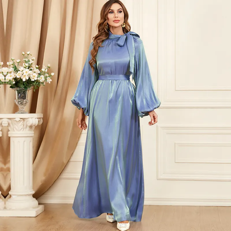 Fashion Modest long dresses women muslim elegant evening party dress solid color shinny polyester Arab muslim dress for women