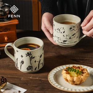 FENN Vente en gros de tasses à <span class=keywords><strong>café</strong></span> écologiques en céramique, tasse à <span class=keywords><strong>café</strong></span> rétro avec motif de chat en relief, tasse en porcelaine mouchetée empilable, tasse à lait - Product Image 4