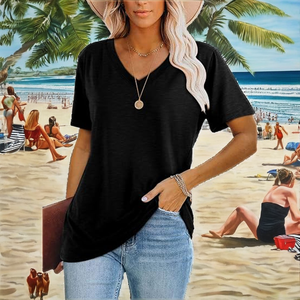 Top de Verano Casual de Chifón de Manga Corta para Mujer, Color Sólido, Cuello Redondo, Transpirable, Ecológico y Compresible - Product Image 2