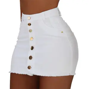 Bandage Knop Sexy Vrouwen Hoge Taille Rokken Effen Kleur Vrouwelijke Denim Korte Mini Jeans Rokken Solid Party Mini Denim Fashion