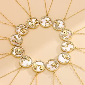Wholesale 925 Sterling <strong>Silver</strong> Zodiac Sign <strong>Shell</strong> Coin Pendant Gold Vermeil CZ Diamond Zirconia <strong>Necklace</strong> with Trendy Style - Product Image 1