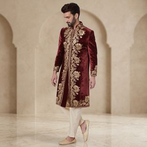 HEAVY ZARI EMBROIDERY on STYLISH GROOM MAROON SHERWANI,<b>PANT</b> & MATCHING SHOE WITH Men's Suits & Blazer>Men's Suits - Product Image 3