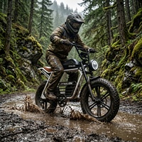 Bicicleta eléctrica de neumáticos anchos y resistentes, estructura estable para senderismo en zonas remotas y relajación diaria al aire libre.