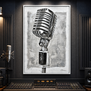 Grande Dipinto a Olio Vintage <span class=keywords><strong>con</strong></span> Microfono, Arte Murale su Tela 3D Testurizzata Fatta a Mano a Tema Musicale per Arredamento Studio di Registrazione - Product Image 2
