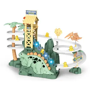 작은 공룡 등반 계단 소리와 가벼운 전기 계단 트랙 활공 더블 트랙 슬라이드 어린이 장난감 도매