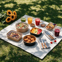 Bol à salade rectangulaire jetable en papier kraft brun 16 oz, bol à glace en papier kraft 500 ml, récipient en kraft noir avec couvercle