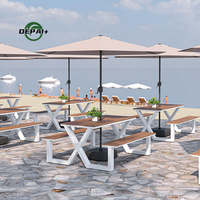 Chaises de café d'extérieur, ensembles de jardin, table de pique-nique ronde en acier et bois PS avec banc et table de restaurant en métal