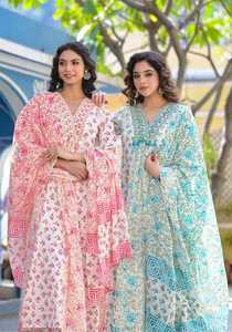 Classy Indian Wedding Look New Arrival Floral Print Anarkali Cotton Kurta Palazzo Set with Dupatta for Festive Wear - Product Image 5