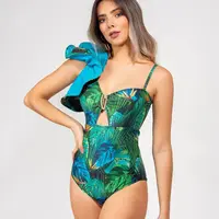 Mulheres Maiôs de Cintura Alta Maiô Verde Flounce Swimwear Do Vintage Racerback Uma Peça de Biquíni 2021