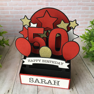 <b>Sweet</b> 16 Birthday Pop-Up Card <b>Box</b> With Stars And Balloons Red Gold Design Party Decoration - Product Image 2
