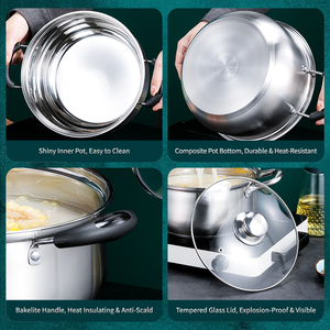 Marmite en acier inoxydable SUS 304 avec poignée en bakélite, couvercle en verre trempé transparent et compartiment vapeur – Ensemble d'ustensiles de cuisson - Product Image 5