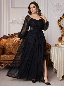 Nouvelle Robe de Soirée Noire Grande Taille, Col <span class=keywords><strong>Carré</strong></span>, Dos Nu, Élégante, Vintage, avec Patchwork de Dentelle, Cordon de Serrage, Fente et Ourlet Évasé - Product Image 5
